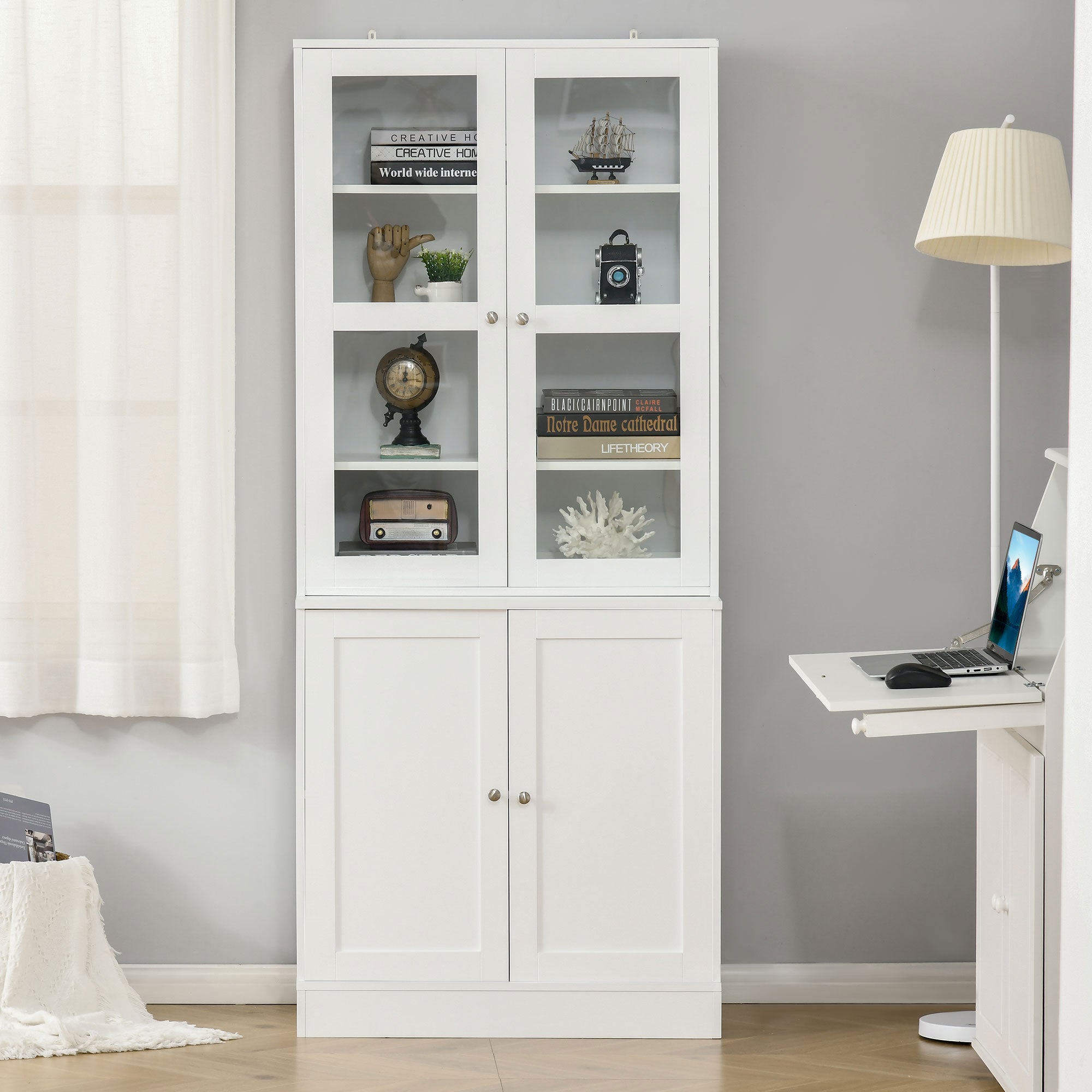 Mobile Libreria Chiusa 76x40x178,5 cm con Vetrina e Armadietto Inferiore in MDF Bianco