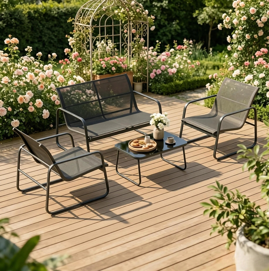 Set da giardino 4 pezzi con divano; 2 poltrone e tavolino; in acciaio e vetro temperato; nero