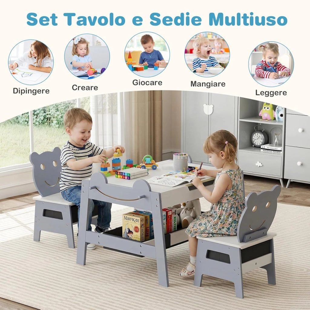 Set Tavolo e 2 Sedie per Bambini, 5 in 1 Tavolino e Sedie con 4 Ganci, 3 Scatole in Tessuto e Lavagna Reversibile per Bambini 3+ Anni per Cameretta Ragazzi (Grigio, Stile 5)