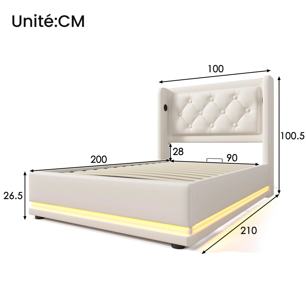 Letto Contenitore Singolo con USB; Tipo C e LED Regolabile 90×200 cm; senza Materasso; in PU Bianco