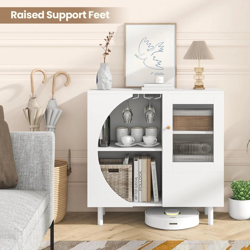 Mobiletto Moderno da Cucina, Credenza con Porta Calici, 2 Ripiani Aperti, Anta in Vetro Temperato, Cassetto, Mobile Bar Salvaspazio in Legno per Cucina, Sala da Pranzo, Soggiorno, Bianco