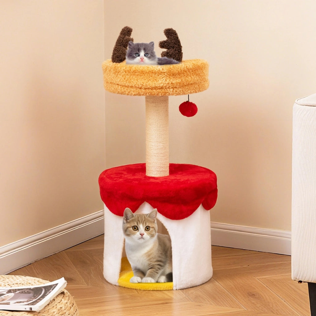 Torre per gattini 80 cm con tiragraffi in sisal pallina appesa cuscino lavabile, Albero di natale per gatti con letto