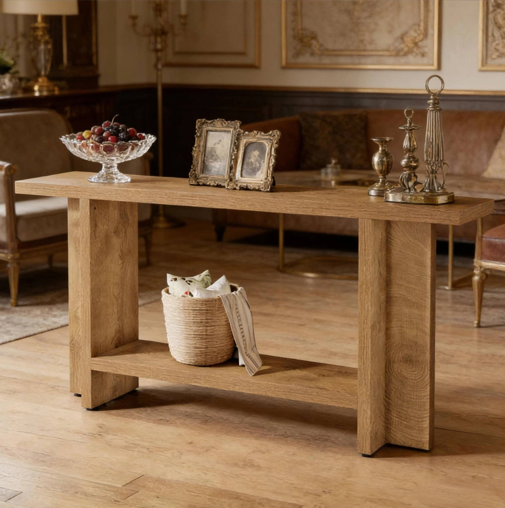 Tavolo consolle a 2 ripiani 150x30x80 cm in MDF marrone