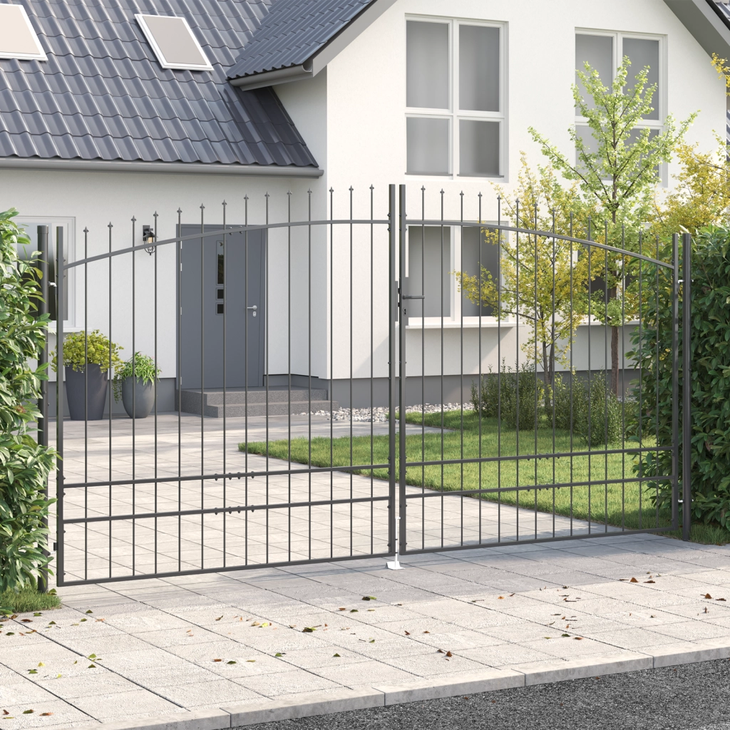 porta da giardino con punta a lancia a doppio swing grigio 200x400 cm in acciaio