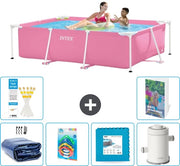 Piscina a forma rettangolare in alluminio - 220 x 150 x 60 cm - Rosso - Incluso telo solare - Giocattoli - Pavimento in piastrelle - Pompaggio piscina - 7 pezzi