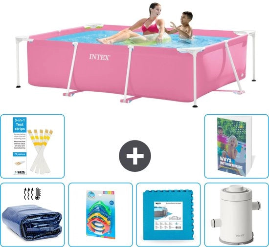 Piscina a forma rettangolare in alluminio - 220 x 150 x 60 cm - Rosso - Incluso telo solare - Giocattoli - Pavimento in piastrelle - Pompaggio piscina - 7 pezzi