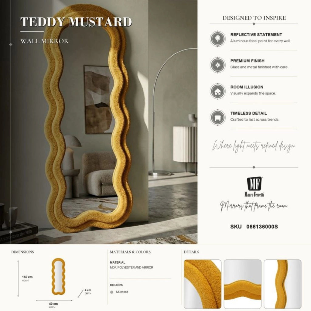 Specchio da parete Teddy wavy in bouclé senape 67x166 cm