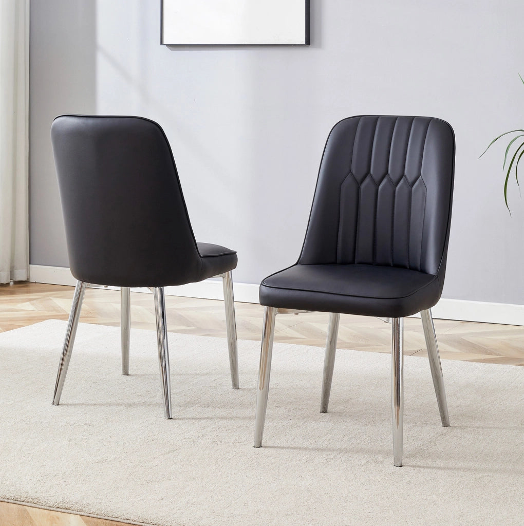 Sedia da pranzo moderna in PU nero con gambe in metallo argento; 89 cm