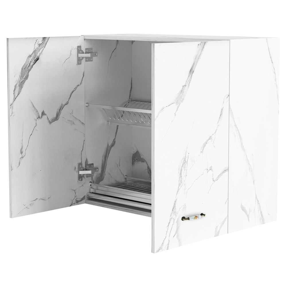 Pensile da Cucina Scolapiatti Sistema Raccogli Gocce 2 Ante Bianco Effetto Marmo