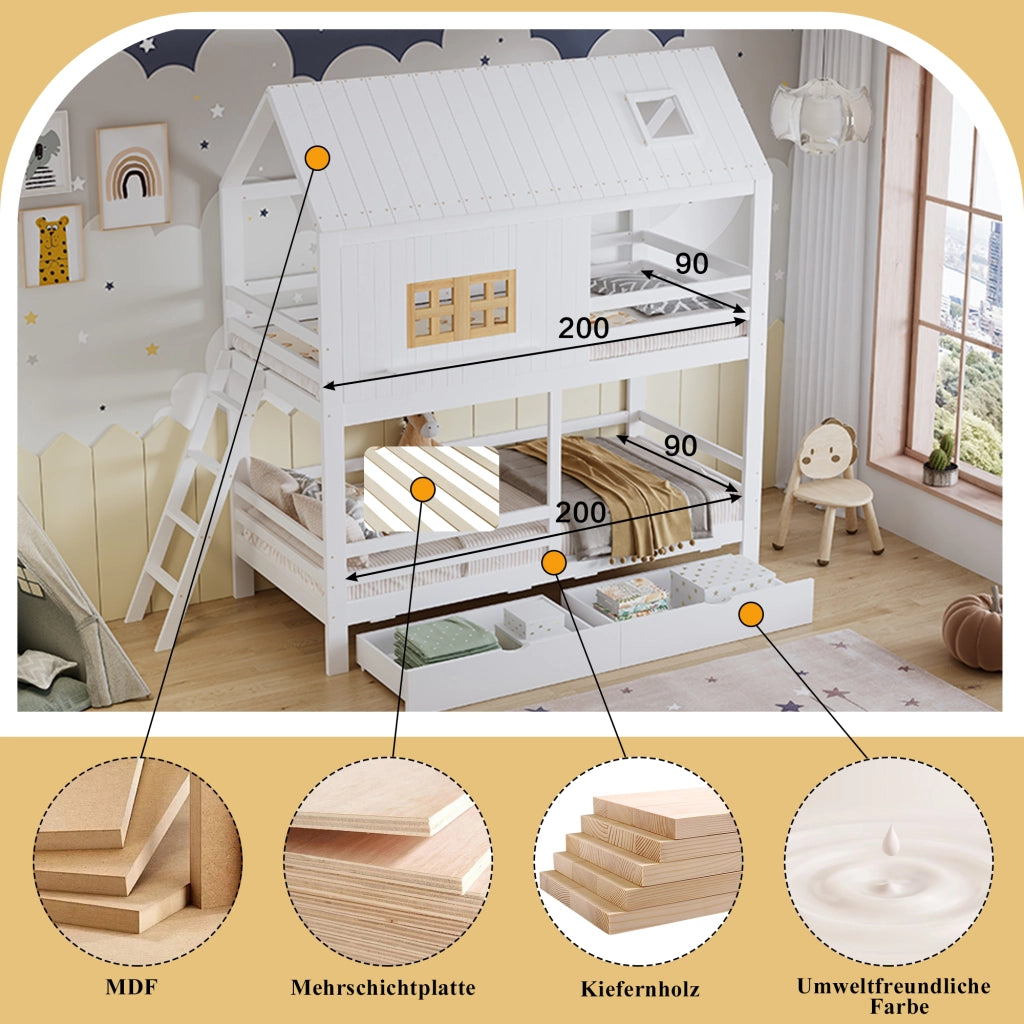 Letto a Castello 90x200 cm - con 2 Cassetti; Finestre e Tetto - Bianco Naturale