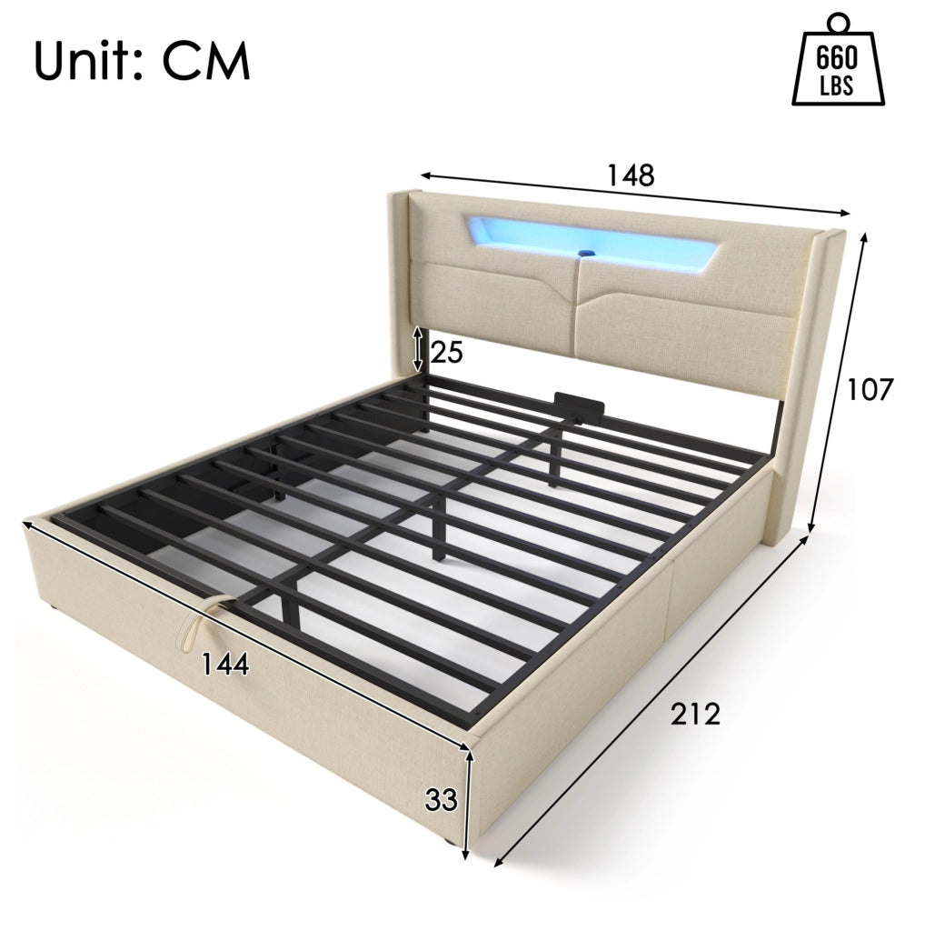 Letto matrimoniale imbottito 140x200 cm in tessuto lino beige con LED; USB e contenitore