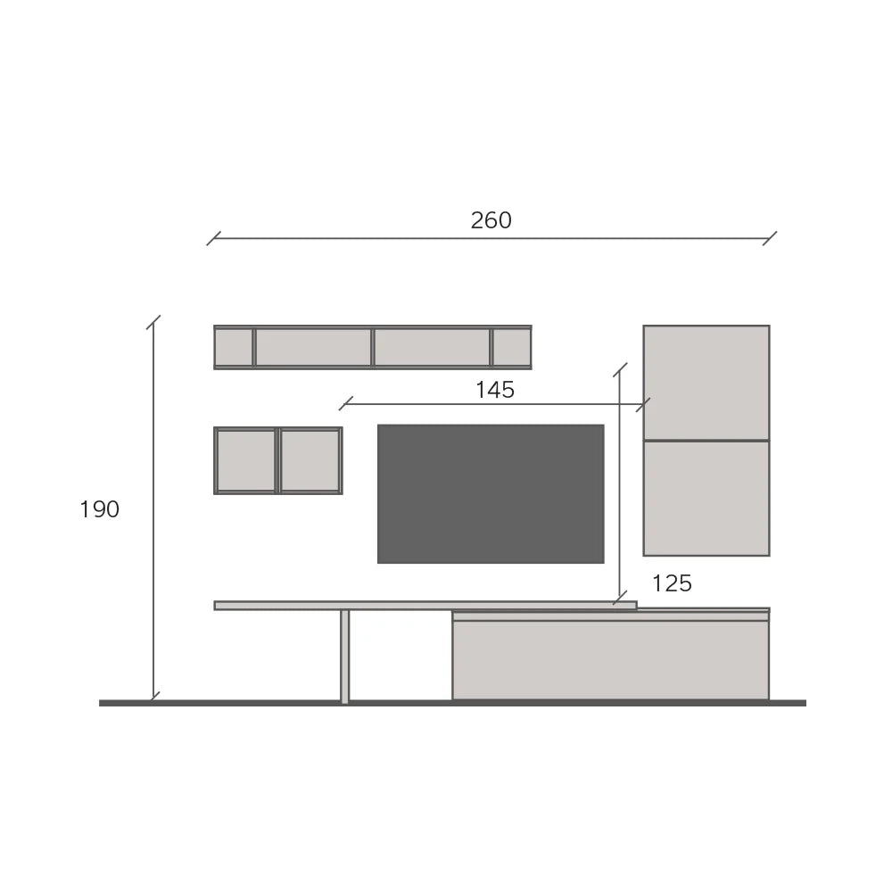 Parete Attrezzata Made in Italy Infinity 2A con Mensola "T", Base TV, 2 Cubi con anta, 2 Cubi con vano, Mensola, design moderno per soggiorno, sala da pranzo, cucina, colore Argilla/Bronzo/Cadiz