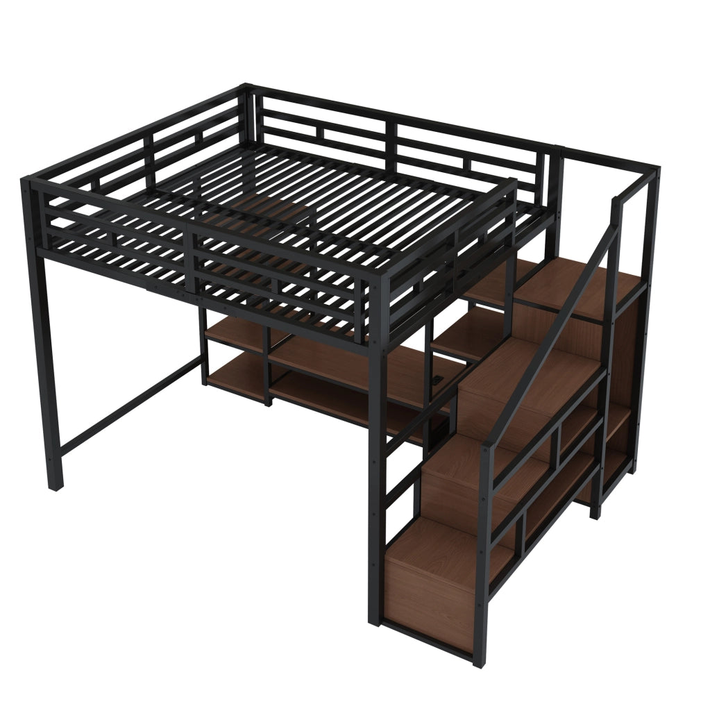 Letto a soppalco 140x200 cm con supporto TV; presa elettrica e scala portaoggetti; nero