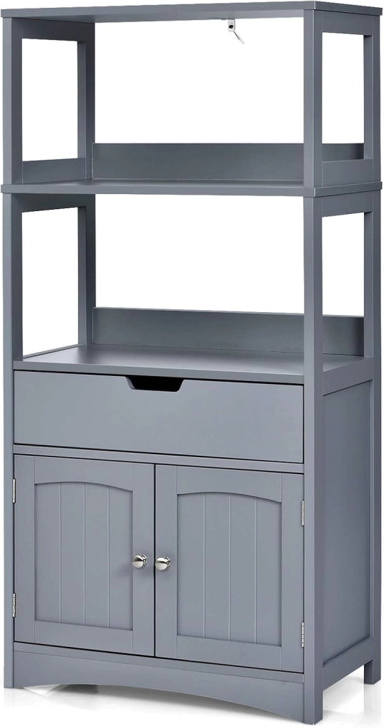 Armadio da bagno con cassetto, armadio alto con 2 ripiani aperti, ripiano multiuso per microonde, 60 x 32,5 x 122 cm (nero)