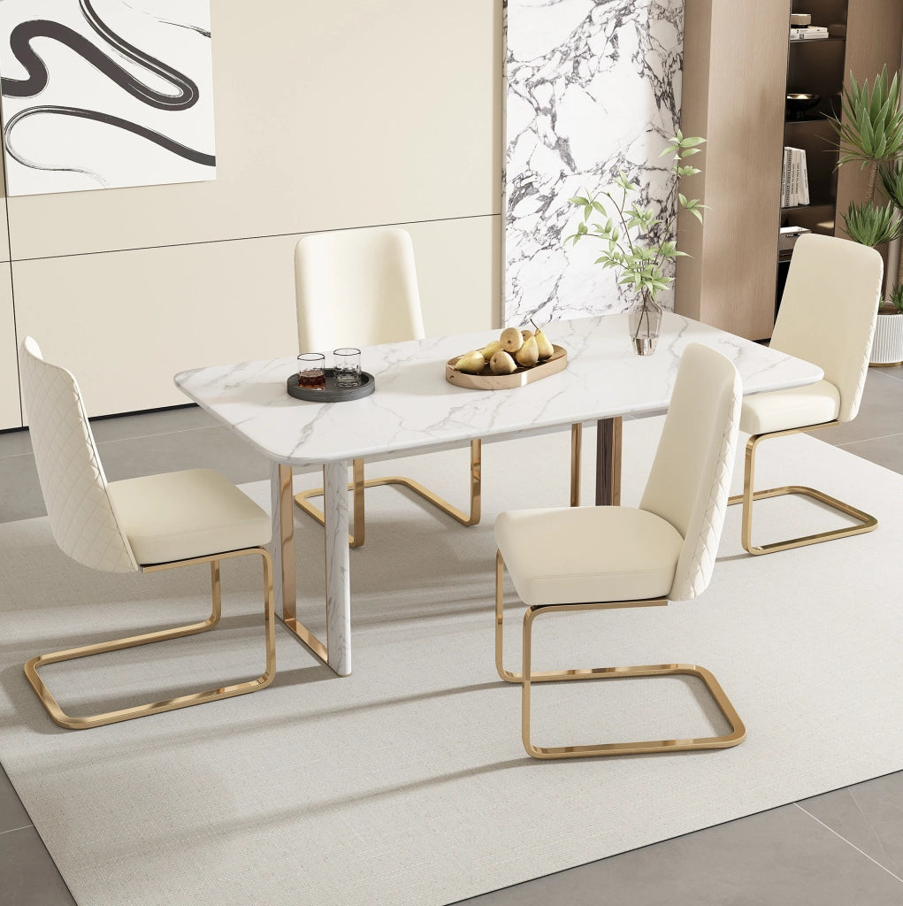 Set di 4 sedie da pranzo in velluto beige con schienale a rombi e gambe in metallo