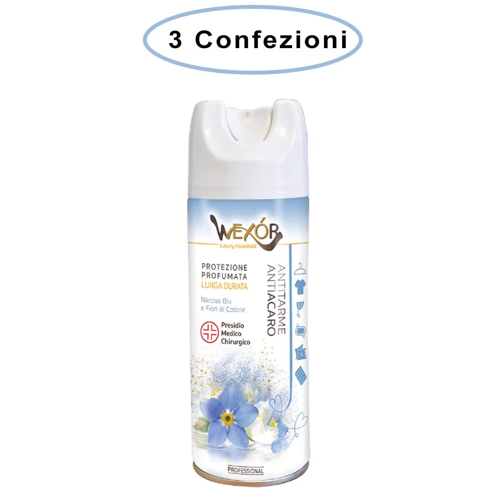 Wexor spray antitarme e antiacaro narciso blu e fiori di cotone professionale 3 confezioni da 400 ml