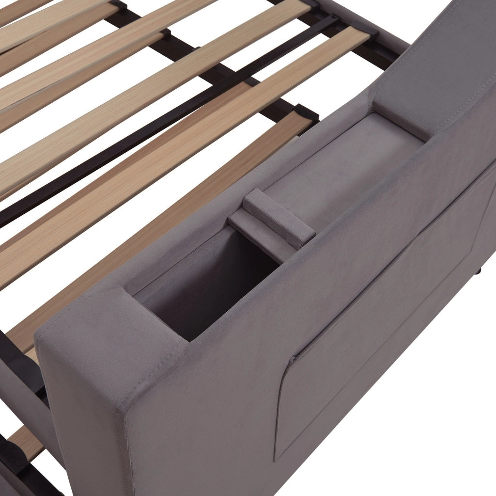 Divano letto imbottito 90x190 cm con USB e vani portaoggetti in velluto grigio