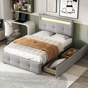 Letto imbottito con LED, 2 cassetti e testiera regolabile, 90x200 cm, grigio
