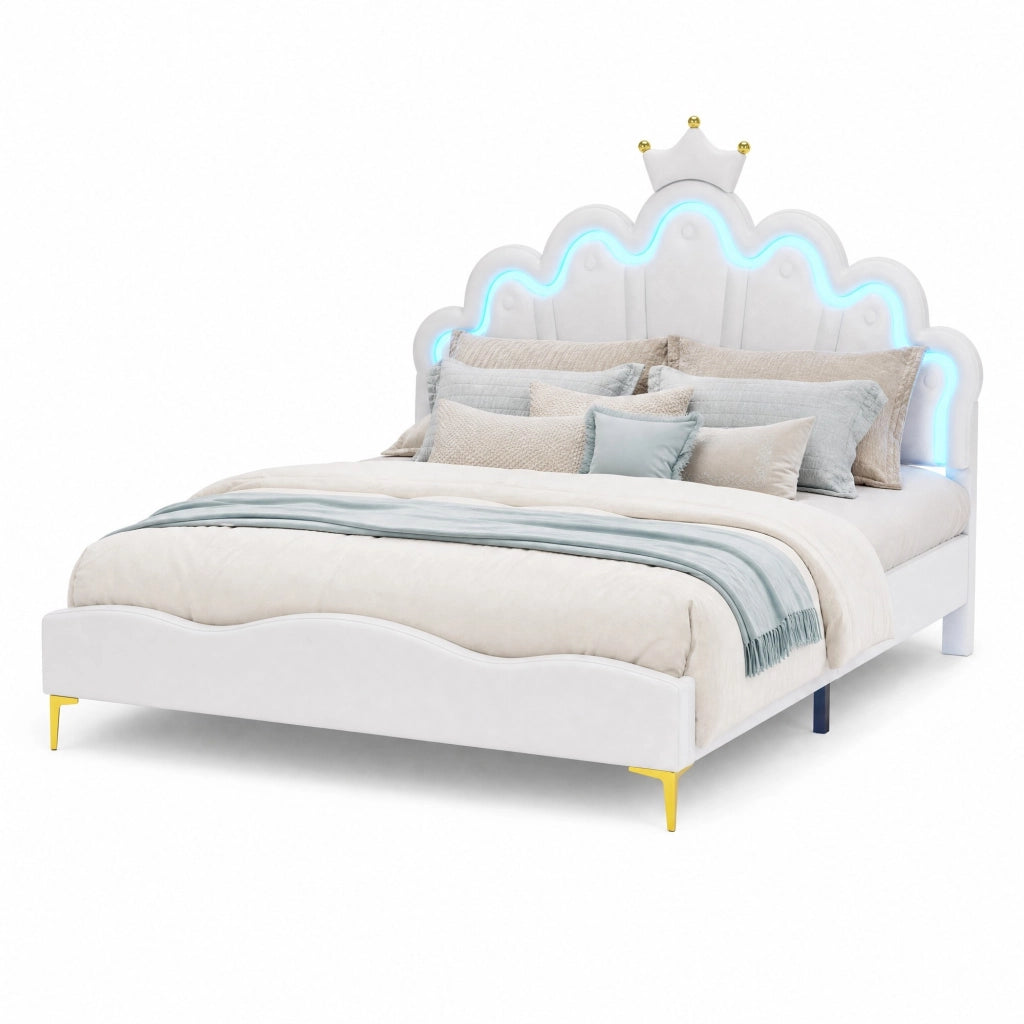 Letto matrimoniale 140x200 cm con LED e testiera a corona; rivestimento in PU bianco