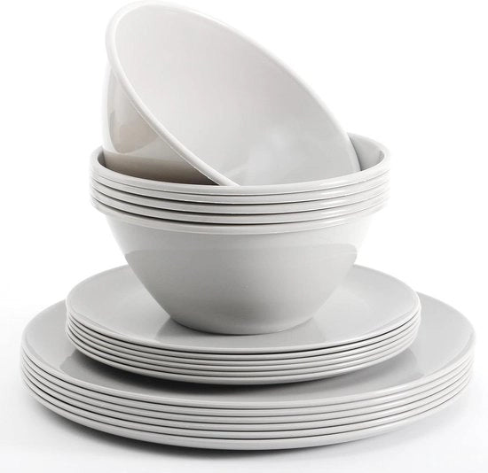 Set di Cucina in Plastica da 18 pezzi, Bicchieri e Piatti in Grigio - Tavola da Cucina - Set da Tavola per 6 Persone