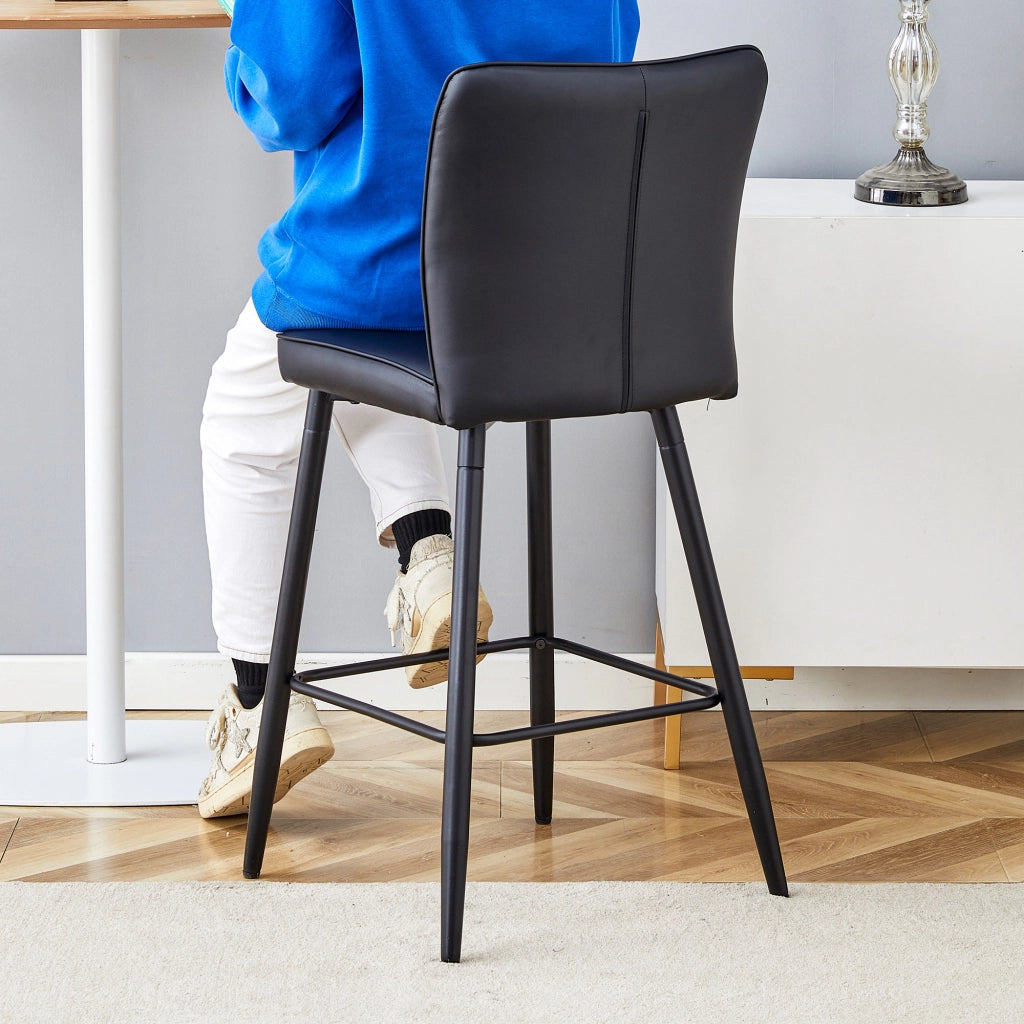 Set di 2 Sgabelli da Bar con Schienale Ergonomico e Poggiapiedi; Piedini Regolabili; Metallo e PU; Nero