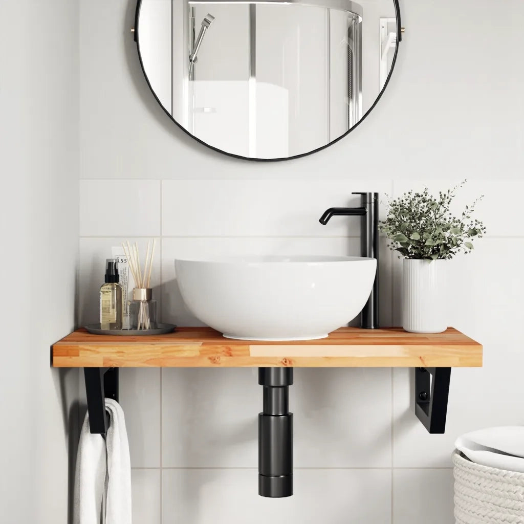 Ripiano a Parete per Lavabo in Acciaio e Massello di Acacia 3302747