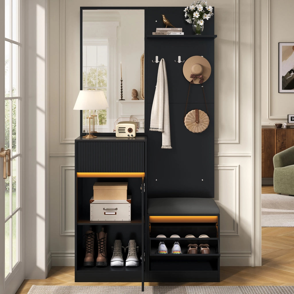 Mobili da ingresso con specchio; scarpiera e illuminazione LED; vano contenitore per ingresso; 105 × 38 × 190 cm