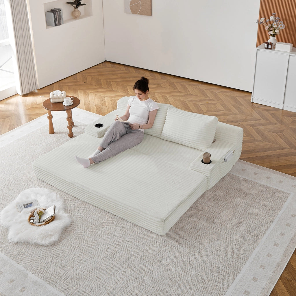 Divano letto 2-in-1 in tessuto di velluto a coste con portabicchieri e tasche laterali