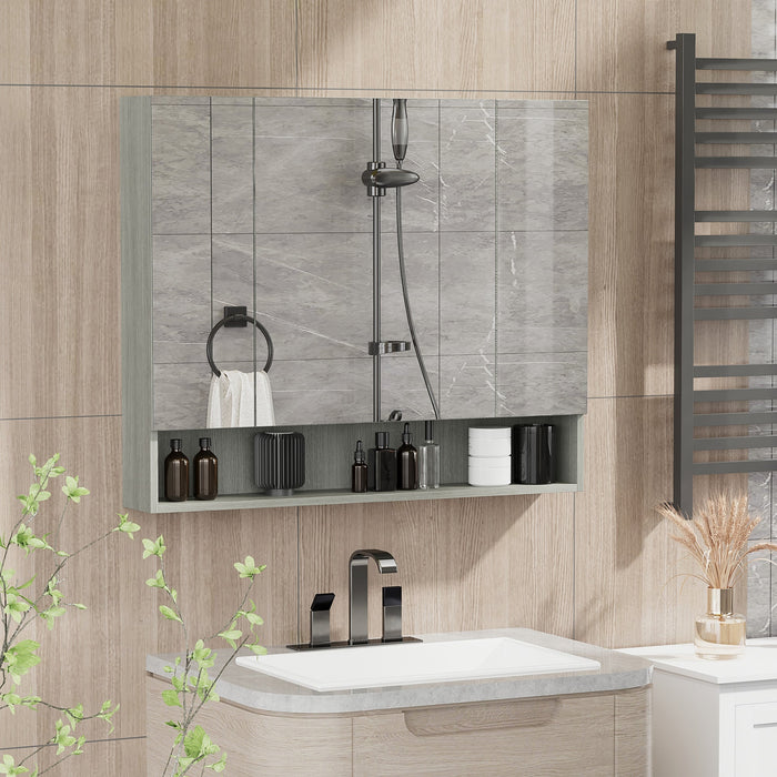 Armadietto a Specchio per Bagno con Ripiani Regolabili 3 Porte e Mensola 90x15x75 cm Grigio
