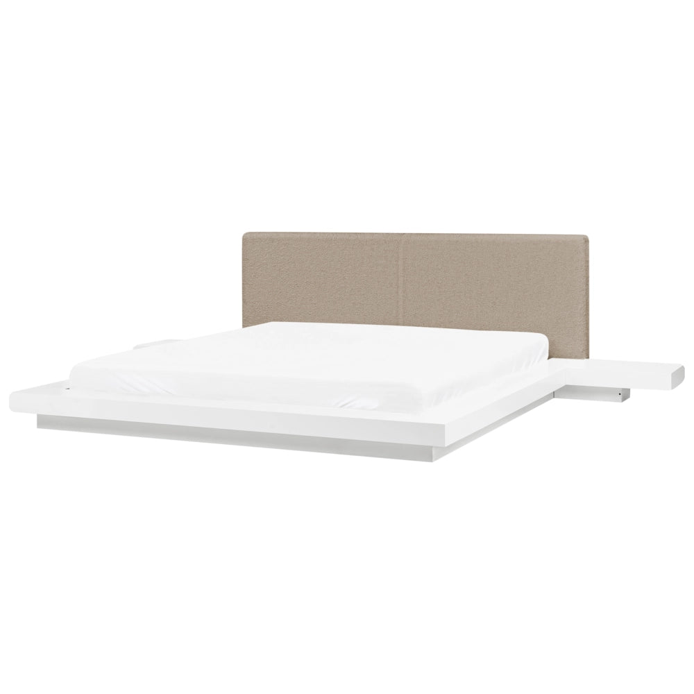 Letto matrimoniale con comodini a LED testata bouclé bianco in frassino bianco 180 x 200 cm  stile giapponese
