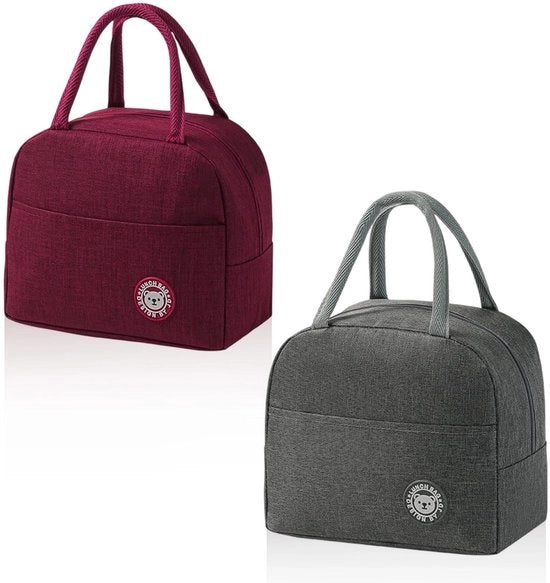Borsa a Mano da 2 Pezzi - Piccole Borse Freddo - Grigio/Rosso Vino - Con Fessure Laterali - Maniglie Pratiche - Ideale per Scuola/Ufficio - Borsa Freddo