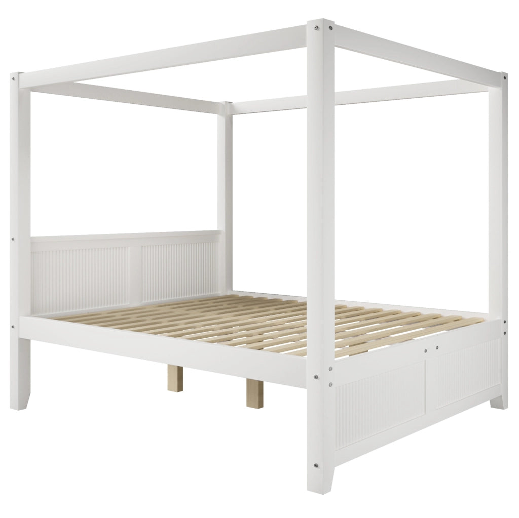 Letto a baldacchino 140 x 200 cm con lamelle verticali in pino e MDF; bianco