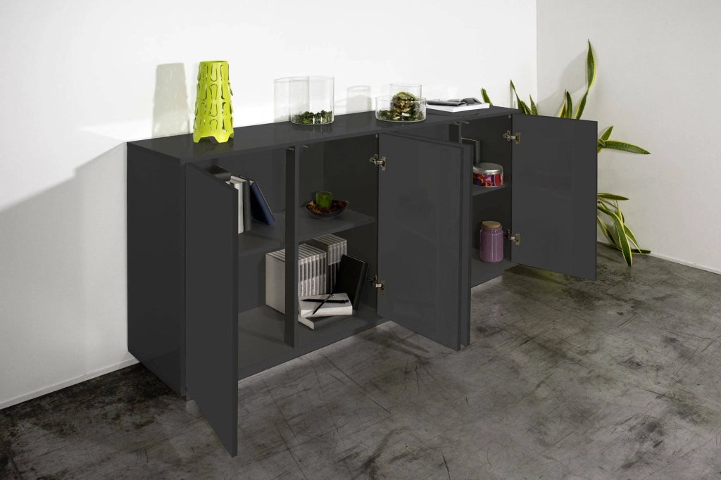 Credenza Aulina, Madia da cucina a 4 ante, Buffet da soggiorno, 100% Made in Italy, cm 180x41h86, Antracite lucido