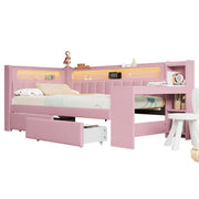 Letto a Divanetto 90x200 cm; Letto Singolo - porta USB; LED; 2 Cassetti e Scrivania - Rosa