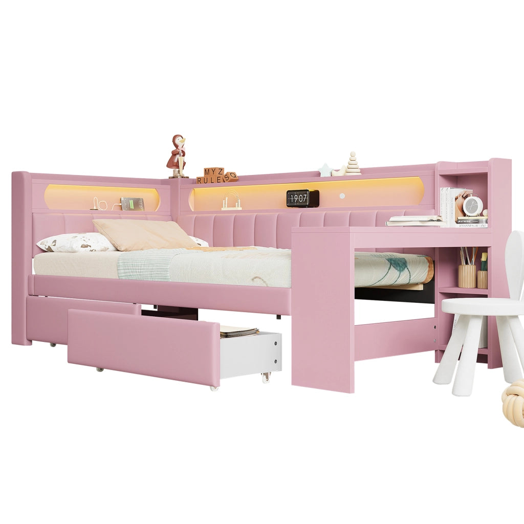 Letto a Divanetto 90x200 cm; Letto Singolo - porta USB; LED; 2 Cassetti e Scrivania - Rosa