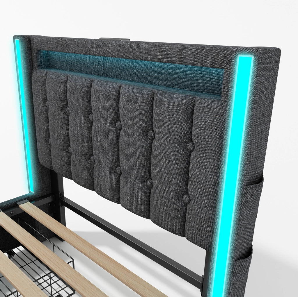 Letto singolo 90x200 cm in lino grigio con LED; USB e 2 cassetti laterali