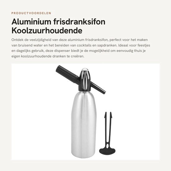Sifon per acqua 1L in alluminio - Dispensatore di acqua con regolazione di pressione - Produzione di acqua frizzante - Ideale per sapori, cocktail e vino