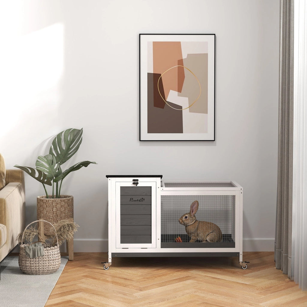 Conigliera 91x51x66 cm con Ruote in Legno di Abete Grigio Scuro e Bianco