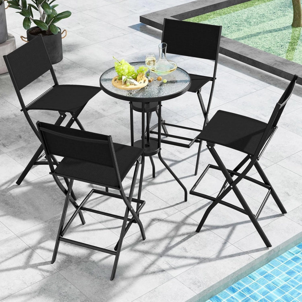 Set di Sgabelli da Bar 2 Pezzi, Sedie Alte e Pieghevoli con Telaio in Metallo e Poggiapiedi, Sedie da Bar per Balcone, Giardino e Piscina (Nero)