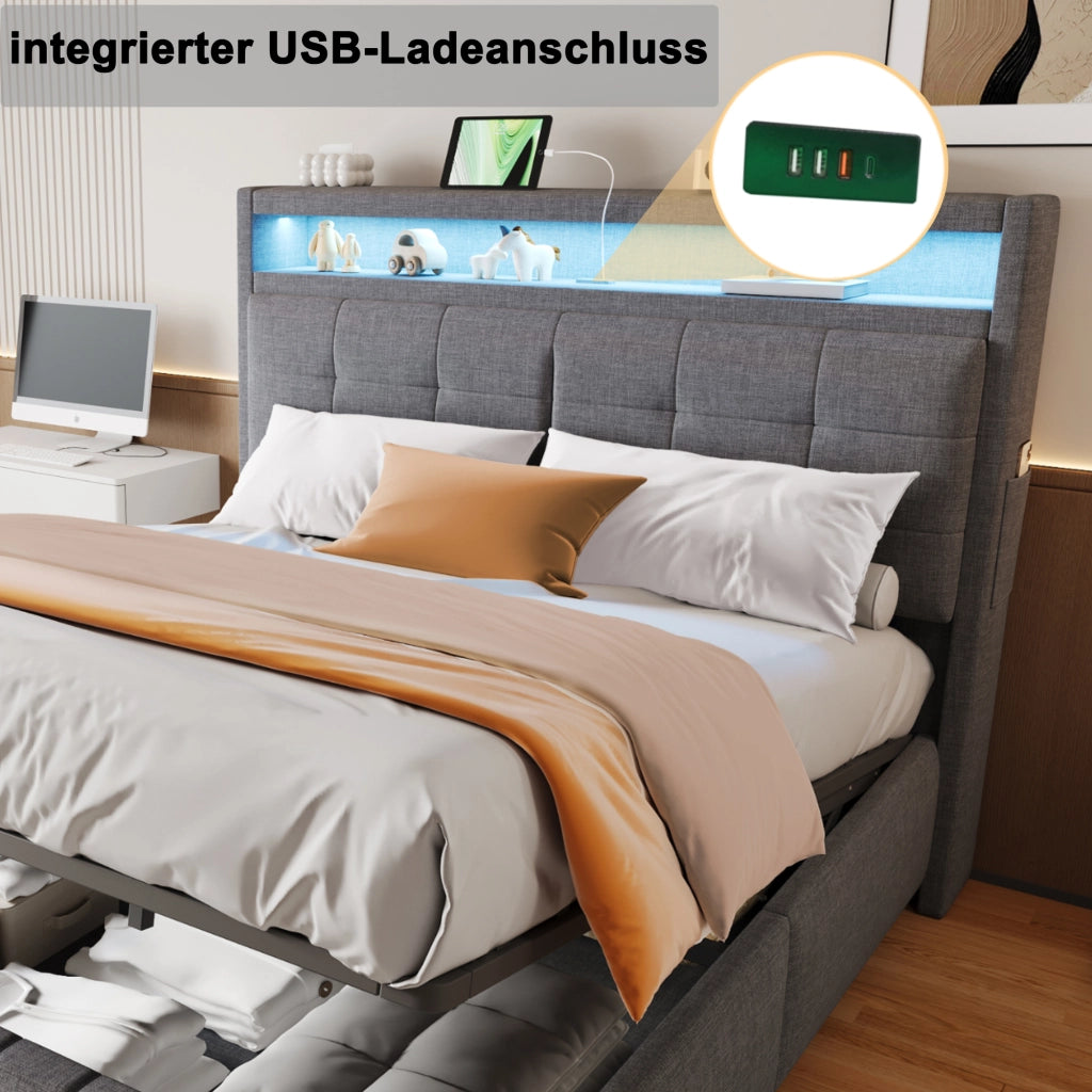 Letto Contenitore; Letto Matrimoniale 160x200 cm; USB; LED e Ripiani - Grigio