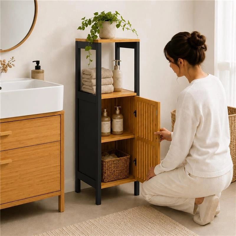 MOBILE DA BAGNO IN LEGNO CON ANTA E RIPIANO IN BAMBOO - COLORE NERO DIMENSIONI 32X30X91 CM