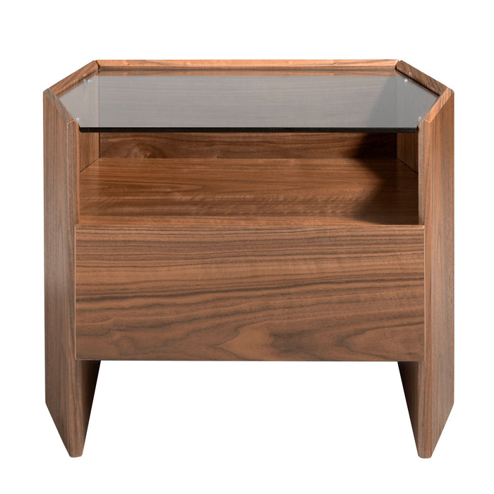 Comodino in noce con piano in vetro temperato