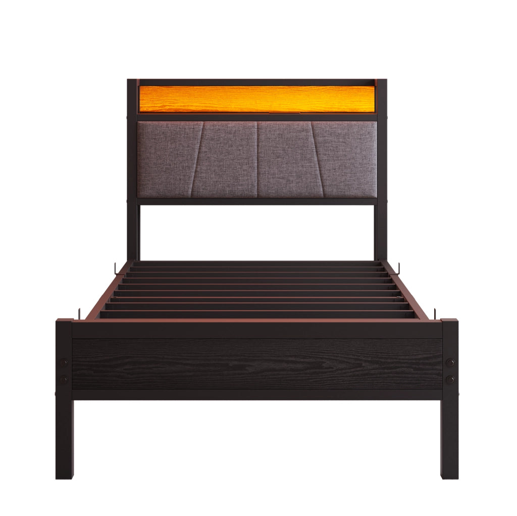 Letto singolo 90x200 cm con LED; testiera contenitore e ricarica USB; MDF e metallo; nero