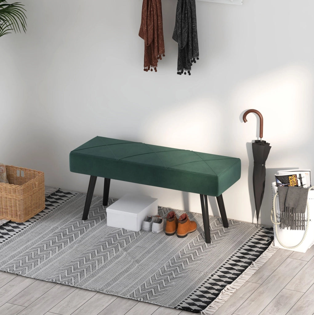 Panca imbottita verde con gambe in acciaio