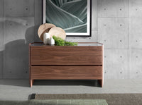 Cassettiera in noce con piano in vetro temperato