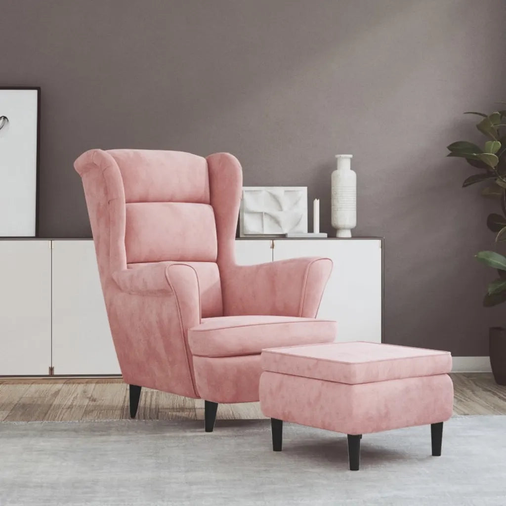 Poltrona | Sedia Relax con Schienale ad Ala con Poggiapiedi Rosa in Velluto