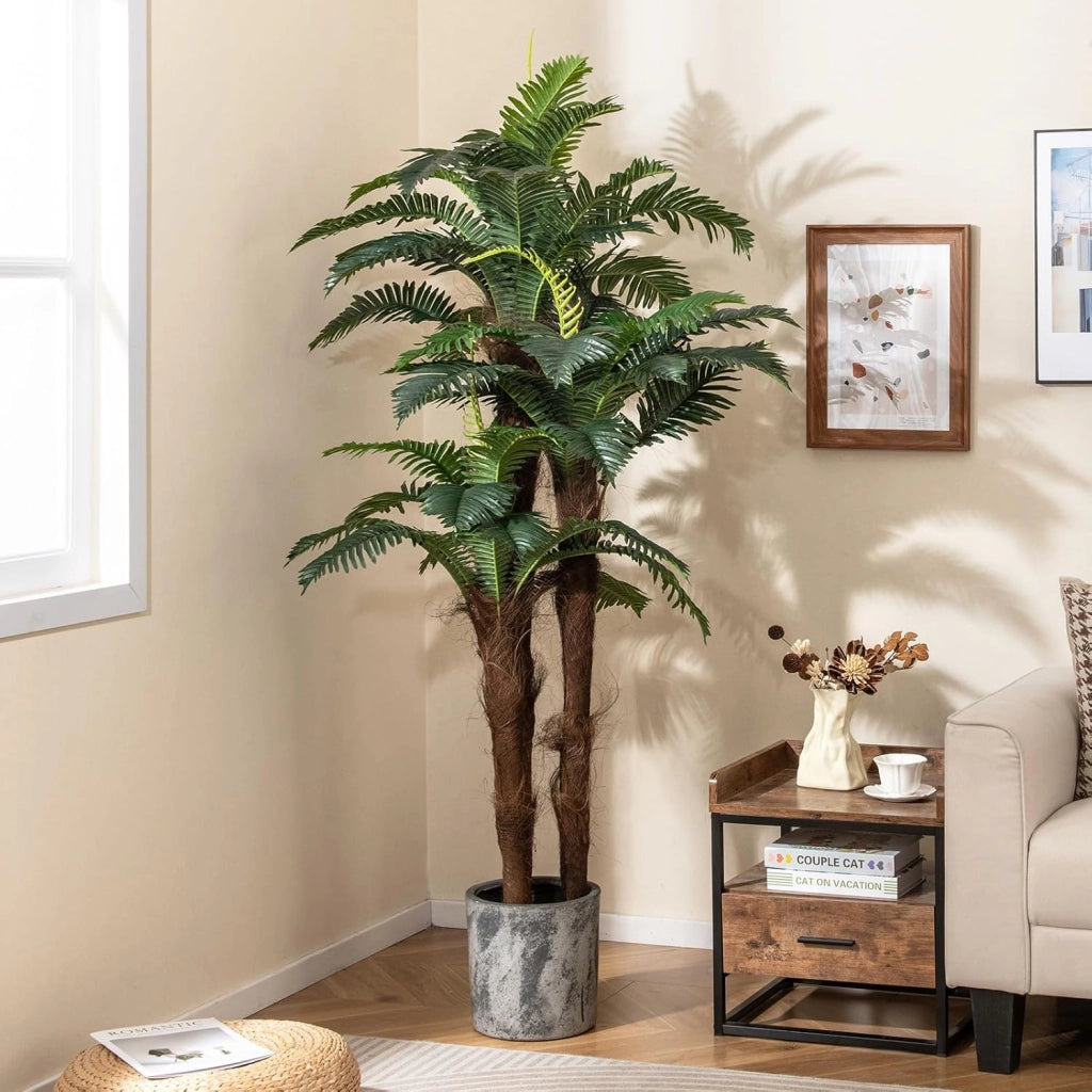 Set di 2 Palme Artificiali Altezza 1,9 m, Pianta Tropicale Artificiale con 45 + 3 Foglie Regolabili, 3 Tronchi & Vaso da Fiori, Falsa Pianta Interna Decorativa per Soggiorno, Ufficio