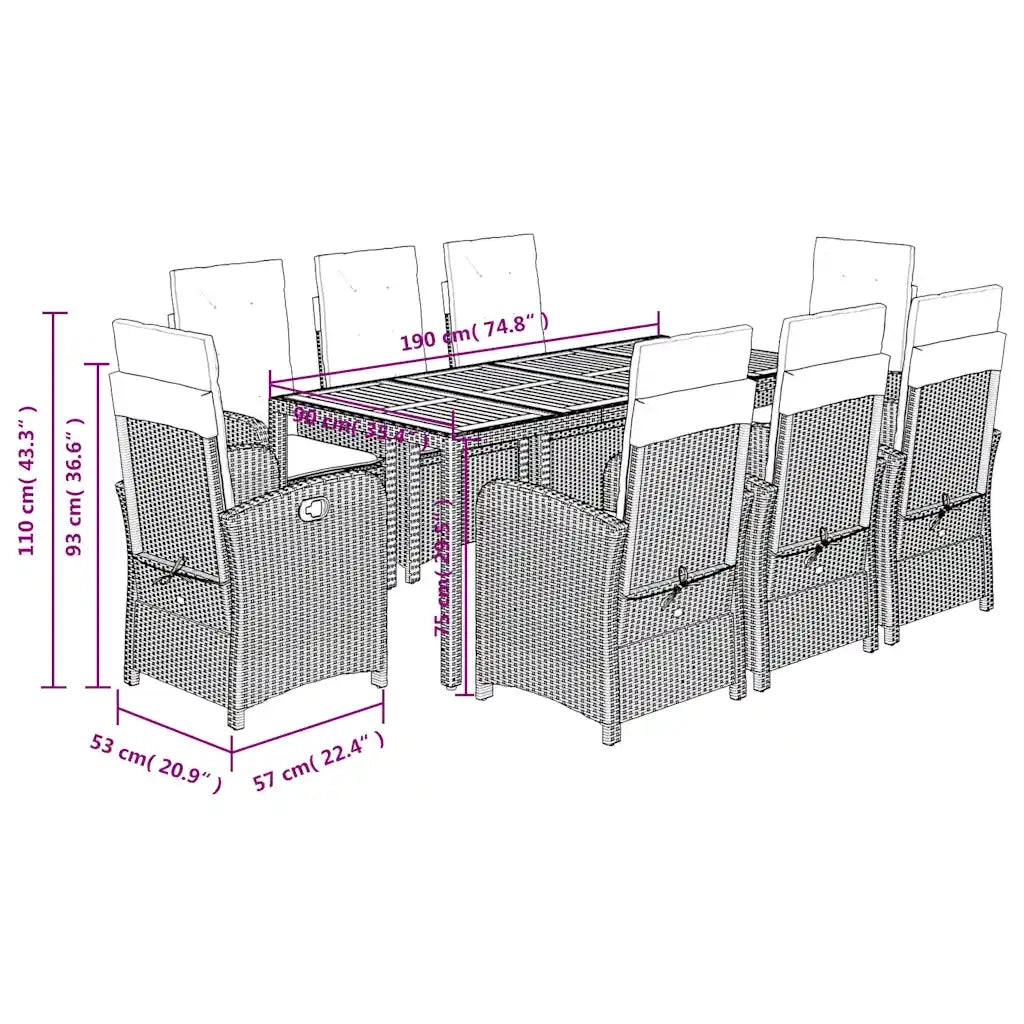 Set da Pranzo da Giardino 9 pz con Cuscini Nero in Polyrattan 3212228