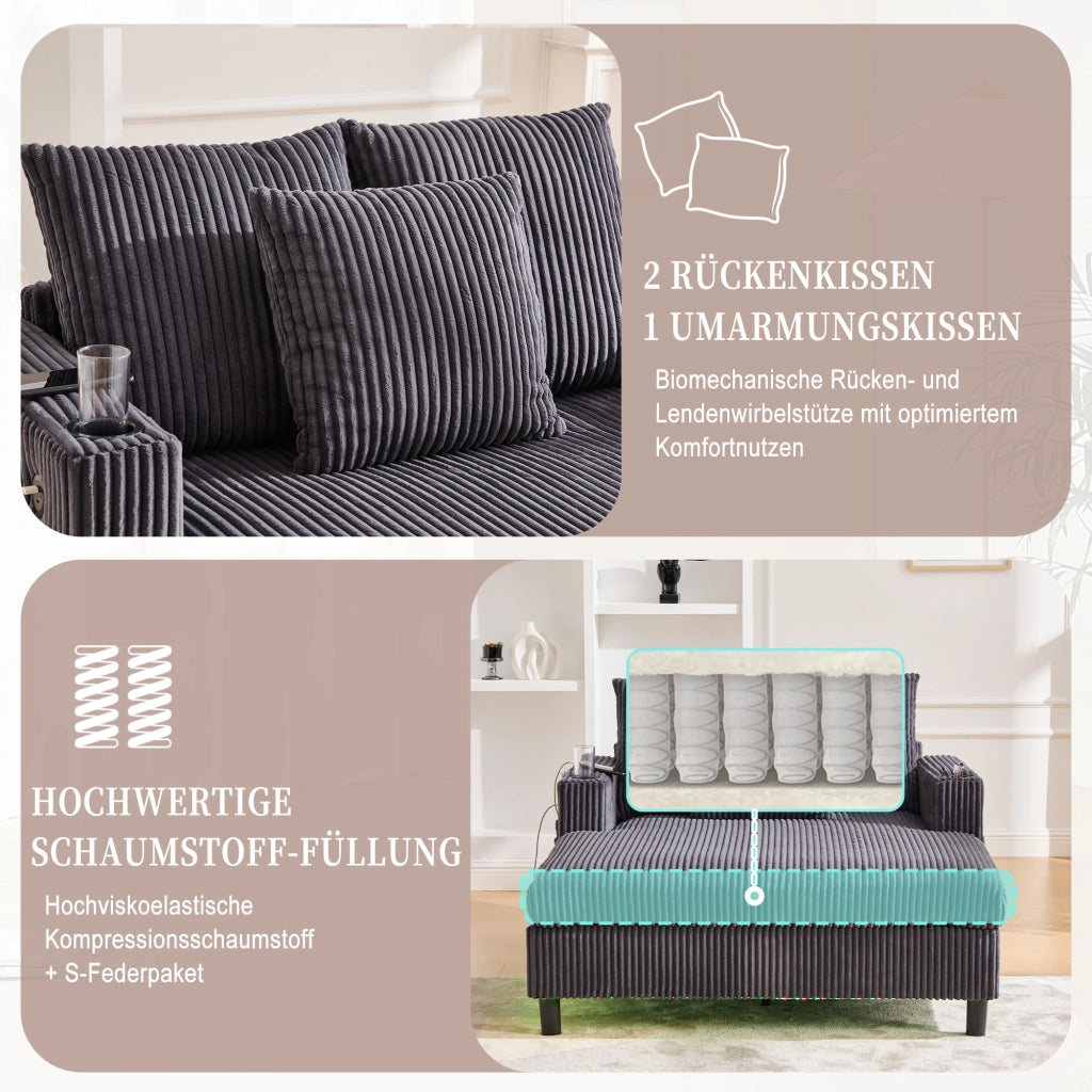 POLTRONA RELAX 142x128x85 cm in velluto a coste Grigio scuro con LED, USB e portabicchiere