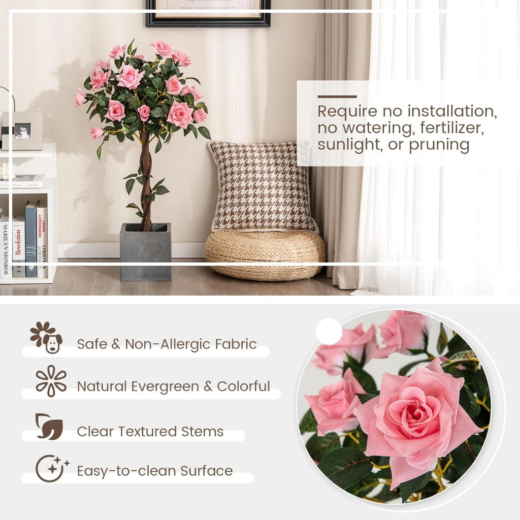 Pianta di vaso con rose artificiali, albero di fiori realistico, con tronco di legno e vaso di cemento, senza manutenzione, per la decorazione della casa e dell'ufficio
